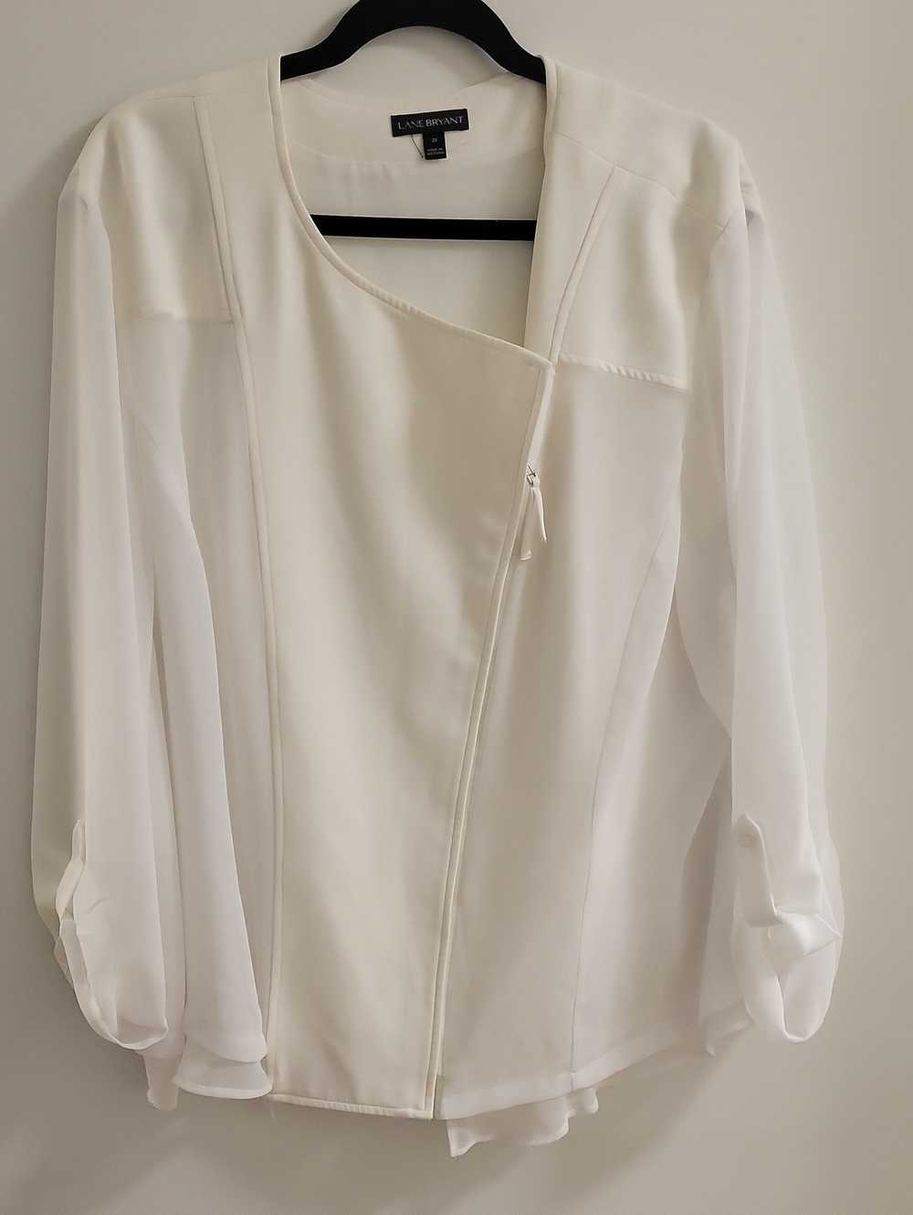 Lane Bryant White Asymmetrical Zip Jacket with Sheer Sleeves Size 28